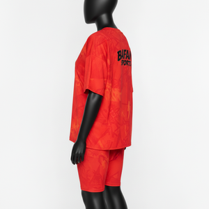 ชุดเสื้อยืดและกางเกงขาสั้นผู้หญิง ผ้าโพลีเอสเตอร์ผสมสแปนเด็กซ์ สีแดงส้ม สำหรับเล่นกีฬา สกรีนโลโก้ตามสั่ง เสื้อยืดผ้าฝ้าย 100% ชุดเสื้อยืดและกางเกงขาสั้น - Product Image 3