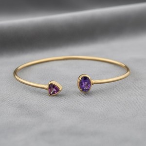 Amethyst Open <b>Bangle</b> <b>Bracelet</b> 925 Sterling Silver 14K Gold Plated Dainty February Birthstone Adjustable Jewelry - Product Image 1