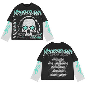 เสื้อยืดแขนยาวทรงโอเวอร์ไซส์สำหรับผู้ชาย แบรนด์เนม ลายพิมพ์หัวกะโหลก สไตล์สตรีทแวร์ คอกลม แต่งขอบตัดสี ผ้าคอตตอนเจอร์ซีย์ - Product Image 4