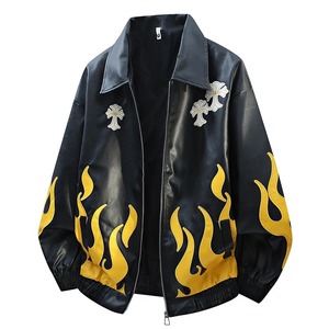 Chaqueta Bomber de Cuero para Hombre, Negra con Bordado de Llamas Rojas, Estilo Urbano, Corte Holgado, Cuello Alto, Cierre de Cremallera Frontal, Ropa de Invierno, Piel de Oveja - Product Image 4