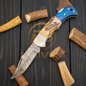 Custom Handmade Damascus Hunting <b>Knife</b> with Blue Wood & Stag <b>Bone</b> <b>Handle</b> | Fixed Blade Outdoor Camping Survival <b>Knife</b> - Product Image 6