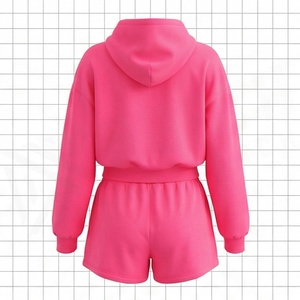 Ensemble sweat à capuche et short rose pour femme, coupe décontractée, au-dessus du genou, couleur unie, en polaire, 2 pièces, tenue printemps-été - Product Image 2
