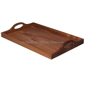 Stilvolles indisches Serviertablett handgefertigtes Design mit Naturholz zum Servieren Frühstück Akazienholz-Schale für Abendessen Teller-Set