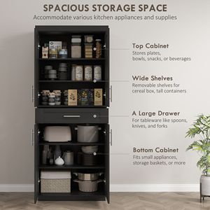 Modern <b>Freestanding</b> Pantry Cabinet for <b>Kitchen</b> Adjustable Black Metal and Wood with Doors Drawer Home Furniture - Product Image 4