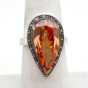 Sterling <b>Silver</b> Pear Shape Champagne Quartz <b>Ring</b> Marcasite Vintage Style Elegant Women Jewelry IGI Certified Luxury Wholesale - Product Image 1