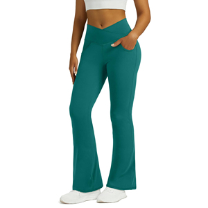 Women's Flat Front Mid Waist Flare <b>Leggings</b> Breathable Elastic Waist <b>With</b> <b>Pockets</b> High Stretch Women Outdoor Casual Pants - Product Image 1