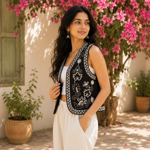 Gilet en coton noir brodé de fleurs pour femme, sans manches, style bohème ethnique, ouvert sur le devant, vêtement décontracté, personnalisable OEM ODM - Product Image 6