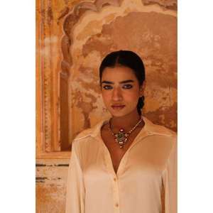 Ethnic <b>Silver</b> 925 Antique Kundan <b>Choker</b> Necklace Set For Anniversary Wedding Bridal Green Stone Indian With Golden Pearls - Product Image 3