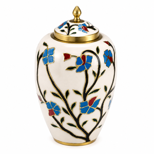 Urna Funeraria Blanca con Flores Hecha a Mano para Cenizas Humanas - Elegante Recuerdo Conmemorativo de Metal con Flores de Esmalte Coloridas - Product Image 1