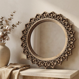 Espejo Redondo de Madera con Diseño de Mandala |   Espejo Decorativo de Pared Cortado a Láser Hecho a Mano |   Espejo de Vanidad Rústico Estilo Boho Farmhouse para Sala de Estar - Product Image 1