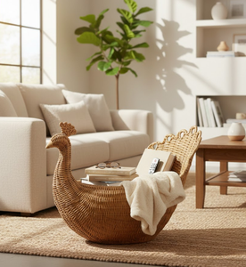 ตะกร้าเก็บของรูปนกยูงทำจากหวายธรรมชาติสานด้วยมือ ตะกร้าหวายตกแต่งสำหรับซักผ้าอเนกประสงค์จากเวียดนาม - Product Image 6