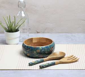 Bol à salade en bois émaillé imprimé, design unique, fait main, avec cuillère, vaisselle de service pour cuisine, salle à manger et réceptions - Product Image 4