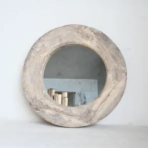 Miroir de courtoisie rond vintage en bois blanc vieilli, à suspendre, pour chambre, salon, entrée, maison, hôtel - Product Image 1