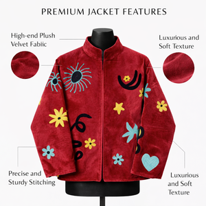 Veste bomber en velours rouge brodée à la main pour femmes, manches longues, col montant, manteau d'hiver avec poches - Product Image 1