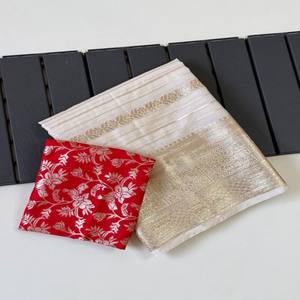 Sari VASTRA COTTAGE en viscose pure, tissage jacquard Georgette, bordure Zari, teint à la main, avec chemisier en soie Dola contrastant - Product Image 1