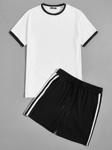 Conjunto de Camiseta y Pantalones Cortos de Algodón para Hombre, Color Sólido, Cuello Redondo, Bolsillo, Ribete en Contraste, Ropa Casual, Corte Regular - Product Image 5
