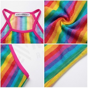 <b>Rainbow</b> Striped Halter One Piece Swimsuit Women Stretch Spandex Polyester Bathing Suit Contrast Binding Print - Product Image 4
