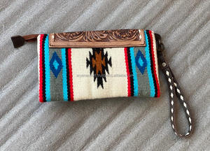 Handmade Aztec Tooled Leather Clutch Stylish <b>Women</b> <b>Saddle</b> Blanket Leather Wallets High Quality Tooled Leather Wristlet Clutch - Product Image 4