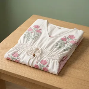 Caftán Blush Boom con Estampado Floral, Tejido a Mano en Algodón, Vestidos Elegantes para el Tiempo Libre, Talla Única - Product Image 6