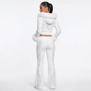 Custom Logo Rhinestone Fur Hooded Crop Jacket Bootcut Sweatpants Set <b>Ladies</b> Fleece Sweatsuit Sparkle Diamante <b>Outfit</b> Autumn - Product Image 5