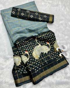 Sarees de Algodón y Seda Suaves con Diseño de Swam, Tejido Zari en Contraste y Bordes Hamsa, Blusa como se Muestra en la Imagen - Product Image 6