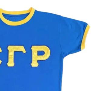 T-shirt Ringer Sororité Sigma Gamma Rho Lettres en Satin Bleu Femme Manches Courtes T-shirt Graphique Lettres Grecques Décontracté Tendance Personnalisé - Product Image 4