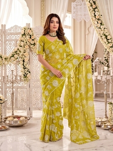 Sari en soie verte avec broderie florale blanche, tenue traditionnelle indienne pour mariage, longueur au sol, protection solaire, pour femmes - Product Image 4