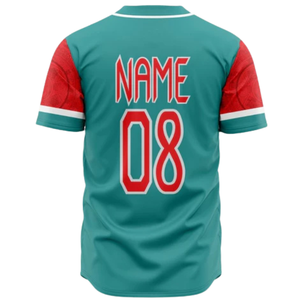Maillot de baseball bleu sarcelle et rouge à manches courtes, boutonné, uniforme d'équipe personnalisé, respirant, en polyester, pour le sport - Product Image 3