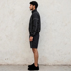 Men's Black Full Zip Tracksuit <b>Jacket</b> With <b>White</b> Piping Stand Collar Sporty Style Lightweight Quick Dry Regular Fit Shorts Set - Product Image 2