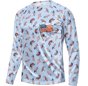Rashguard à manches longues pour homme, bleu clair, imprimé drapeau américain, séchage rapide, écologique, respirant, antibactérien, en polyester - Product Image 1
