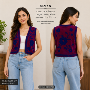 Nueva llegada: Chaleco vintage de terciopelo bordado floral Suzani Kantha, chaqueta corta india para mujer con logo frontal, textil Rajasthani. - Product Image 3