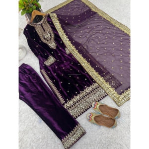 ชุดปาร์ตี้ใหม่ออกแบบผ้ากำมะหยี่วิสคอสดูปัตต้าด้านบนและด้านล่างมีลายปักด้วยงานเย็บปักถักร้อยที่หนักหน่วง - Product Image 1