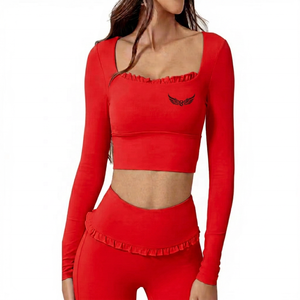 Women's Pink <b>Square</b> <b>Neck</b> <b>Long</b> <b>Sleeve</b> Crop <b>Top</b> With Ruffles And Embroidery Logo Yoga Fitness Wear - Product Image 6