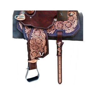 Silla de montar western de cuero marrón con diseño floral tallado a mano, asiento rígido, conchos florales y juego de arreos, de 10 a 18 pulgadas - Product Image 2