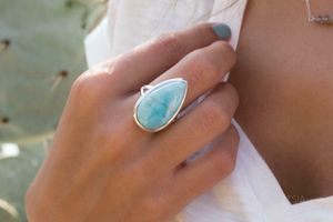 Bague en larimar en forme de poire, argent sterling 925, faite à la main, pierre bleue, bijoux bohèmes pour femmes - Product Image 2