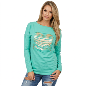 Women's <b>Green</b> Long Sleeve <b>Crop</b> <b>Top</b> Crew Neck Jersey T-Shirt With Letter Print Logo Casual Fit Spring Summer Wear 180 GSM Fabric - Product Image 5