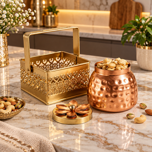 Panier décoratif en métal doré avec pot en cuivre martelé et couvercle floral – Contenant de luxe pour fruits secs, idéal pour la cuisine et la table à manger - Product Image 3