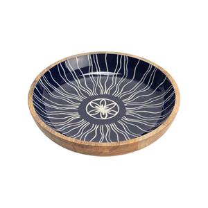 Bol en bois profond et moderne avec intérieur à motif émaillé bleu foncé pour une présentation artistique de table - Product Image 1