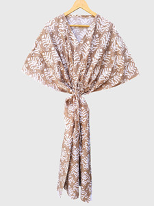 Kimono de mujer con estampado floral marrón, cuello en V, con lazo frontal, largo, para la playa, túnica para vacaciones de verano - Product Image 3