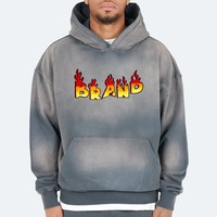 Sweat-shirt à capuche oversize pour homme, gris, imprimé flamme, avec poche, décontracté, coupe classique, manches régulières, en coton French Terry