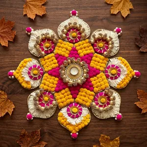 Décoration traditionnelle en coton Rangoli avec pompons roses et jaunes et perles dorées pour décoration de mariage, ensemble Rangoli - Product Image 2