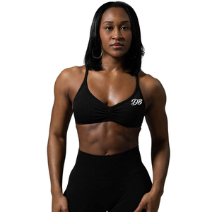 Soutien-gorge de sport noir froncé à col en V avec logo personnalisé pour femme, maintien élevé, rembourré, pour la gym, l'athlétisme, le fitness, crop top, vêtements de sport, vente en gros - Product Image 1
