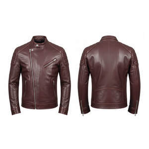 Chaqueta de Motociclista para Hombre en Cuero Genuino Color Borgoña con Cuello Alto y Cierre de Cremallera - Product Image 1