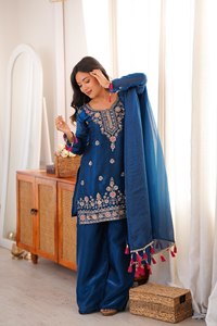 Conjunto de Salwar Kameez de Seda Azul Bordado, Traje Tradicional Étnico Indio/Pakistaní para Mujer, Ropa de Fiesta de Verano, Dupatta, Secado Rápido para Bodas - Product Image 3