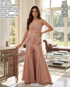 Elegant Cream Embroidered <b>Net</b> <b>Top</b> With Beads Work Natural Crepe Palazzo Pants Set For Women Wedding Party Wear Size S M L XL - Product Image 2