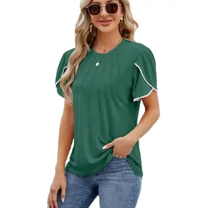 2024 Damen-T-Shirt solide Farbe Rundhalsausschnitt mit plissiertem Perlenblatt Ärmel und rüschenförmigem Detail stilvolles Oberteil