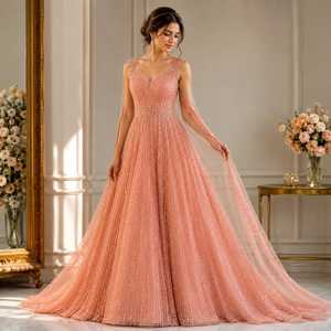 Peach Pearl Beaded Evening Gown for Women Elegant V Neck A Line Floor Length Formal Prom <b>Dress</b> <b>with</b> <b>Cape</b> Sleeves <b>Wedding</b> Gown - Product Image 1