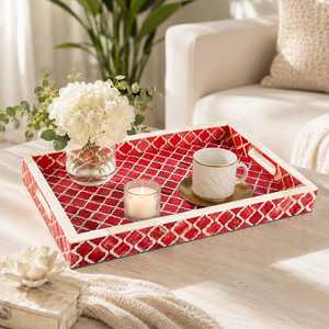 Plateau de service en os incrusté, plateau à motif marocain rouge, fait main pour la maison - Product Image 5