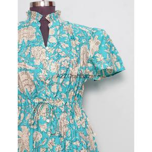 Robe Courte Femme 100% Coton Tricotée Col V Manches Courtes Taille Haute Coupe Évasée Imprimé Floral Numérique Lavable Respirante Idéale Bureau - Product Image 3