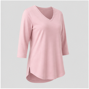 Camiseta holgada de manga tres cuartos con cuello en V en color rosa rubor para mujer WTS-0104 - Product Image 4